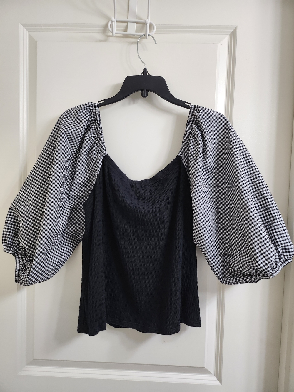 Black Top with Black & White Gingham Puff Sleeves